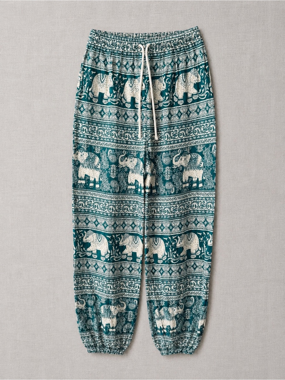 Bohemian Elephant Print Jogger Pants - Teal 100% Rayon